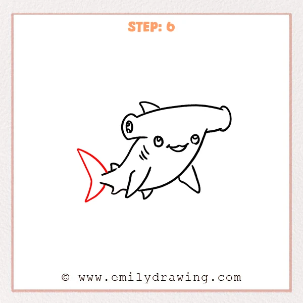 how to draw a hammerhead shark - Step 6 of a hammerhead shark drawing, turning the small tail into a large crescent tail fin with a clear middle notch.